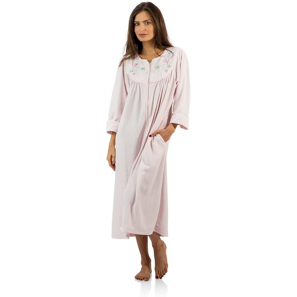 Robes Women's Zipper Front Jacquard Fleece Long Robe Duster - Pink - CV12O2GW4WT