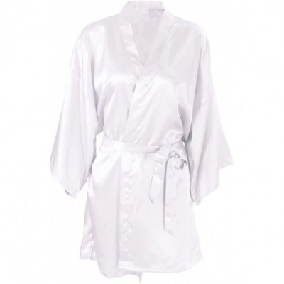 Robes Women's Kimono Satin Wedding Robe Short Dressing Gown Sleepwear- White - White - C7184XXZQ4R