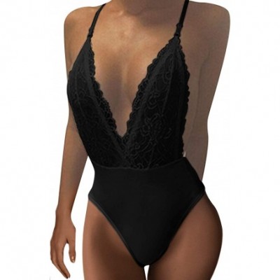 Baby Dolls & Chemises Women Bodysuits Lace Backless Plunge V Neck Strap Halter Bodycon Babydoll - Black - CP12MI3PVUR