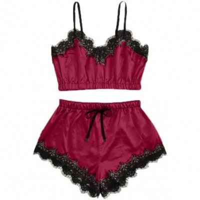 Sets Women Sleepwear Set- Sleeveless Nightwear Lace Trim Satin Cami Top Pajama Sets - Wine - CU1994735CY