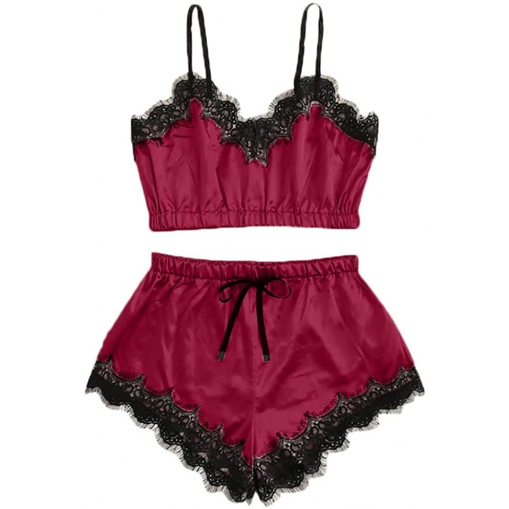 Sets Women Sleepwear Set- Sleeveless Nightwear Lace Trim Satin Cami Top Pajama Sets - Wine - CU1994735CY