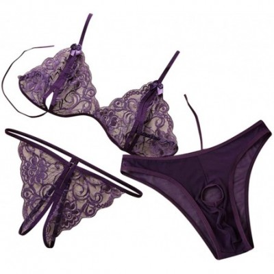 Garters & Garter Belts Couples Underwear 3 Piece Set Women Lace Bra Open Thong and Men Hollow Out Briefs - Purple - CP1947UAGW6