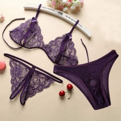 Garters & Garter Belts Couples Underwear 3 Piece Set Women Lace Bra Open Thong and Men Hollow Out Briefs - Purple - CP1947UAGW6