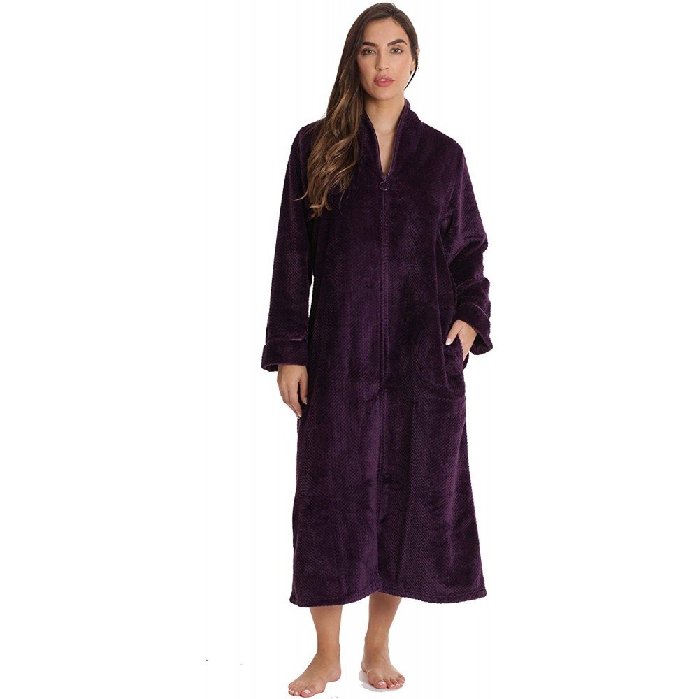 Robes Textured Plush Zipper Lounger Robe for Women with Pockets - Wine - C618XGIYUSQ