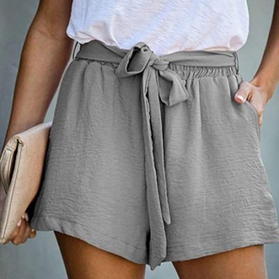 Nightgowns & Sleepshirts Women Bowknot Tie Waist Summer Paper Bag Shorts Casual Jersey Walking Shorts with Pockets - Gray - C...