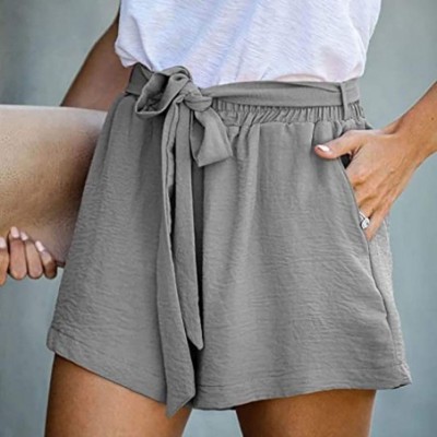 Nightgowns & Sleepshirts Women Bowknot Tie Waist Summer Paper Bag Shorts Casual Jersey Walking Shorts with Pockets - Gray - C...