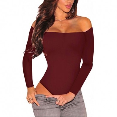 Shapewear Women's Long Sleeves Bodysuit Off Shoulder Leotard Jumpsuits Rompers Tops - Wine Red - CF18L9422NO