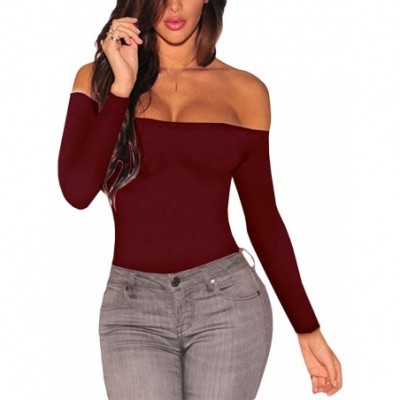 Shapewear Women's Long Sleeves Bodysuit Off Shoulder Leotard Jumpsuits Rompers Tops - Wine Red - CF18L9422NO