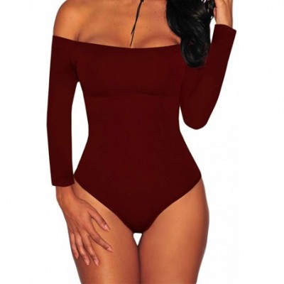 Shapewear Women's Long Sleeves Bodysuit Off Shoulder Leotard Jumpsuits Rompers Tops - Wine Red - CF18L9422NO