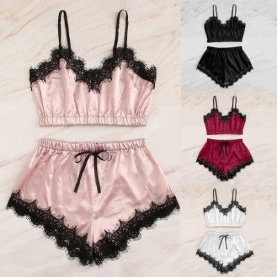 Sets Women Sleepwear Set- Sleeveless Nightwear Lace Trim Satin Cami Top Pajama Sets - Wine - CU1994735CY