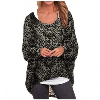 Garters & Garter Belts Women Loose Blouse Fashion Leopard Bat Sleeve Irregular Hem Tunics Shirt Tops - Gray - C2193K4L7CG