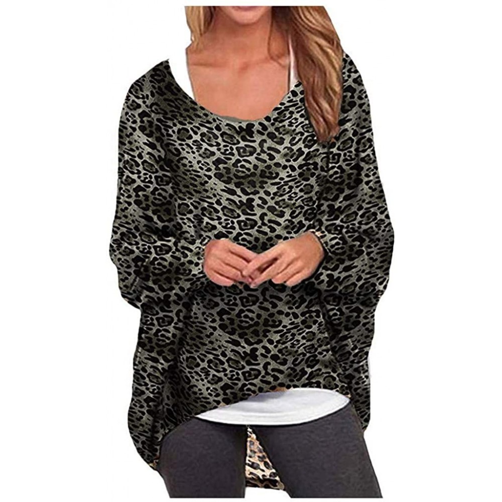 Garters & Garter Belts Women Loose Blouse Fashion Leopard Bat Sleeve Irregular Hem Tunics Shirt Tops - Gray - C2193K4L7CG