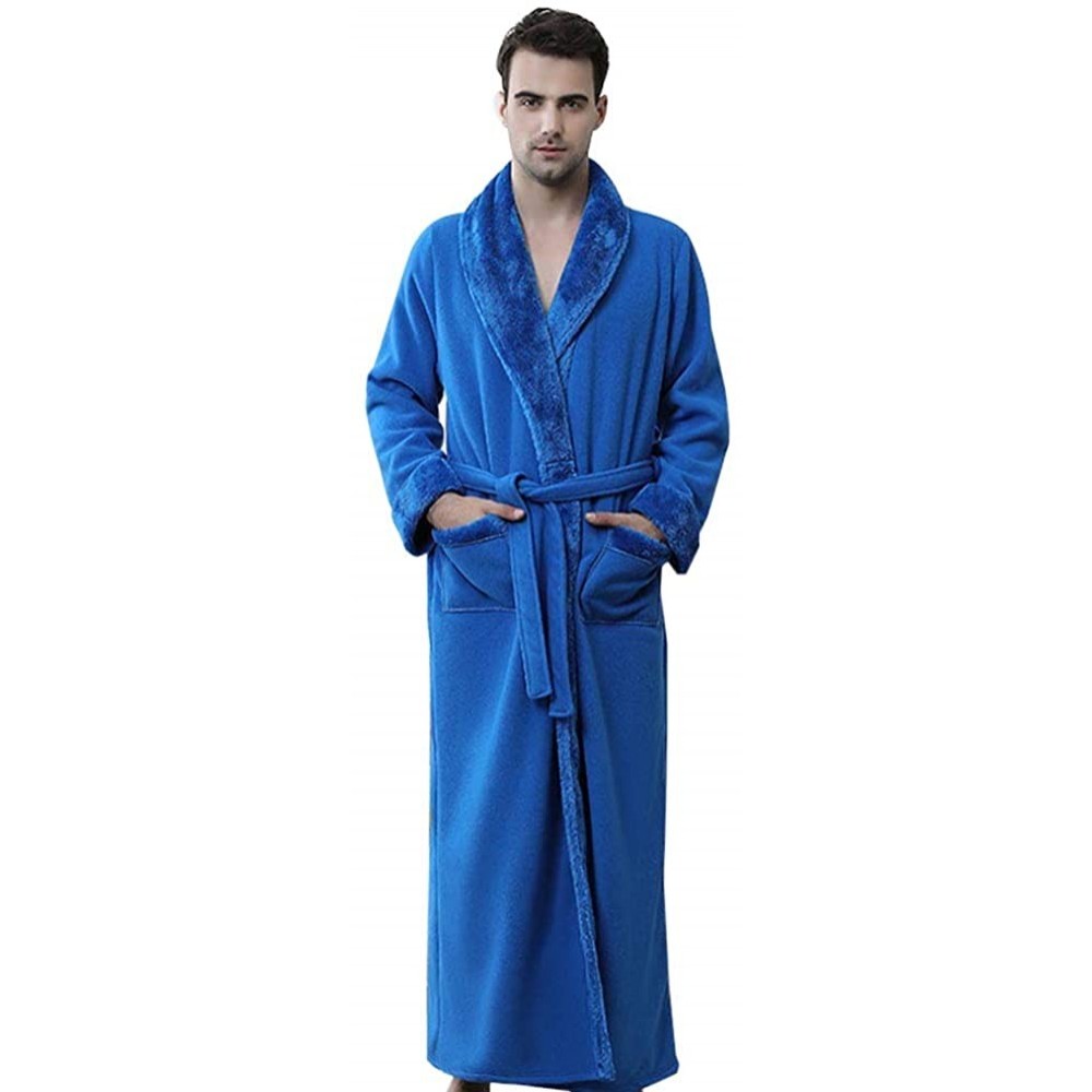 Robes Mens Robe Soft Fleece Plush Robe Kimono Spa Bathrobe Warm Big and Tall Bathrobe for Men - Blue-b2 - CW193NKIM94