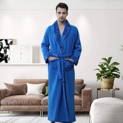 Robes Mens Robe Soft Fleece Plush Robe Kimono Spa Bathrobe Warm Big and Tall Bathrobe for Men - Blue-b2 - CW193NKIM94