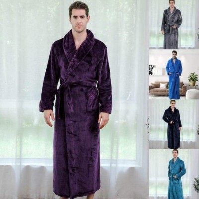 Robes Mens Robe Soft Fleece Plush Robe Kimono Spa Bathrobe Warm Big and Tall Bathrobe for Men - Blue-b2 - CW193NKIM94