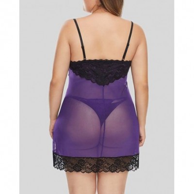 Baby Dolls & Chemises Women Plus Size Strap Chemise Lace Babydoll Mesh Lingerie Set Sleepwear - Purple - CK18UC4E490