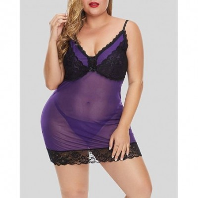 Baby Dolls & Chemises Women Plus Size Strap Chemise Lace Babydoll Mesh Lingerie Set Sleepwear - Purple - CK18UC4E490