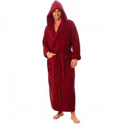 Robes Heavy 3 Pound Hooded Terry Cloth Bathrobe. 50.5 Inch Length. 100% Turkish Cotton - Red - C117YUYGM7C