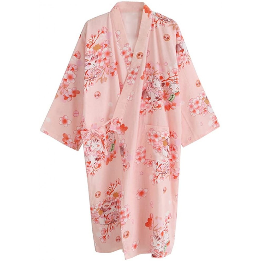 Robes Women's Summer Cotton Kimono Robes Floral Pajamas Khan Steamed Bathrobe Yukata - Orange Pink Cat - CN185AHLZ4G