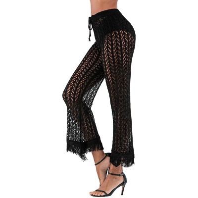 Tops Womens Crochet Net Hollow Out Beach Pants Sexy Swimsuit Bikini Cover Up Full Length Pants - Black - C4196M2647C