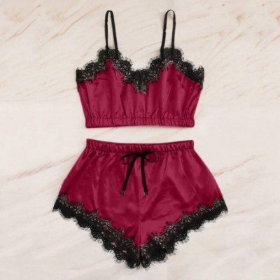 Sets Women Sleepwear Set- Sleeveless Nightwear Lace Trim Satin Cami Top Pajama Sets - Wine - CU1994735CY