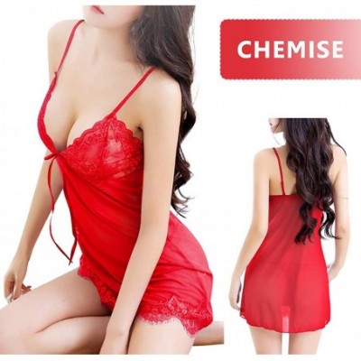 Baby Dolls & Chemises Women's Lingerie Nightgown Babydoll Sleepwear Lace Chemise Thong and Robe - Red - C618LAQ79MW