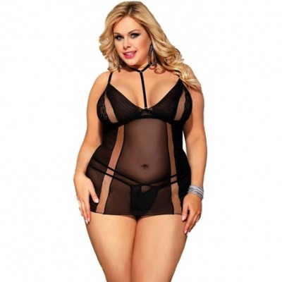 Baby Dolls & Chemises Sheer Flyaway Camisole Babydoll Lingerie Set - Black-2 - C419D6768SI