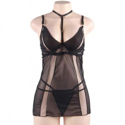 Baby Dolls & Chemises Sheer Flyaway Camisole Babydoll Lingerie Set - Black-2 - C419D6768SI