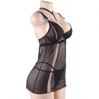 Baby Dolls & Chemises Sheer Flyaway Camisole Babydoll Lingerie Set - Black-2 - C419D6768SI