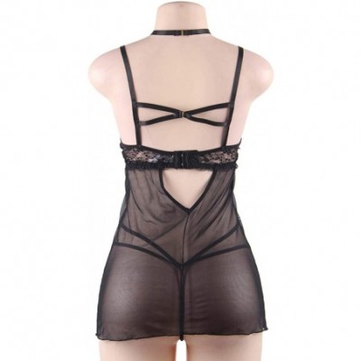 Baby Dolls & Chemises Sheer Flyaway Camisole Babydoll Lingerie Set - Black-2 - C419D6768SI