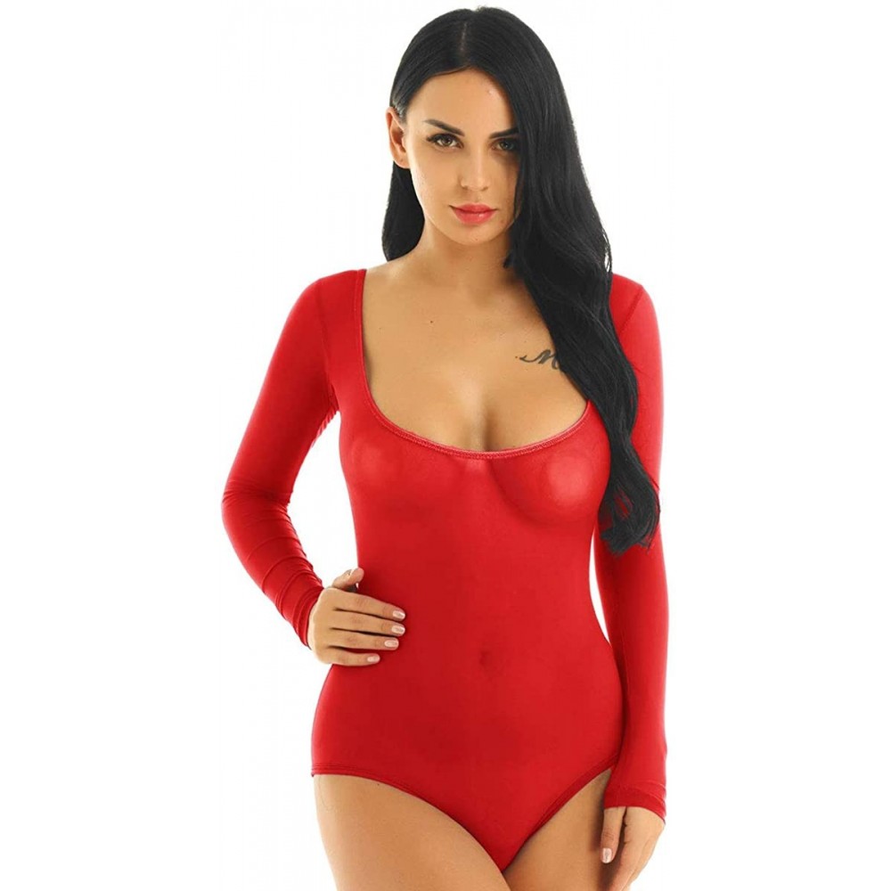 Shapewear Women's Mesh Sheer Belly Dance Bodysuit Open Bust Shapewear Chest Support Leotard Jumpsuit - Red - C218NW7CT6O