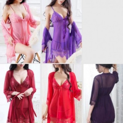 Baby Dolls & Chemises Women's Lingerie Nightgown Babydoll Sleepwear Lace Chemise Thong and Robe - Red - C618LAQ79MW