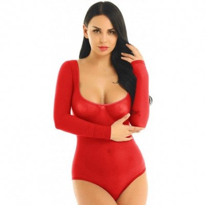 Shapewear Women's Mesh Sheer Belly Dance Bodysuit Open Bust Shapewear Chest Support Leotard Jumpsuit - Red - C218NW7CT6O