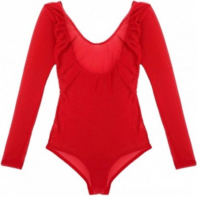 Shapewear Women's Mesh Sheer Belly Dance Bodysuit Open Bust Shapewear Chest Support Leotard Jumpsuit - Red - C218NW7CT6O