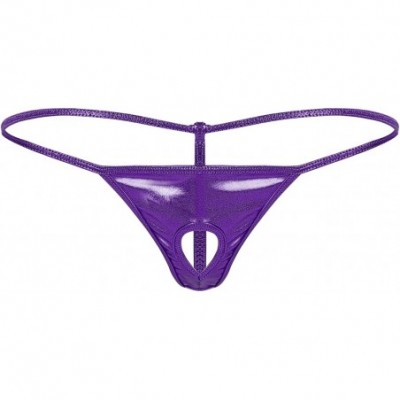 G-Strings & Thongs Men's Shiny Metallic Low Rise G-String Thong T-Back Suspensory Stretch Jock Strap Underwear - Purple - C41...