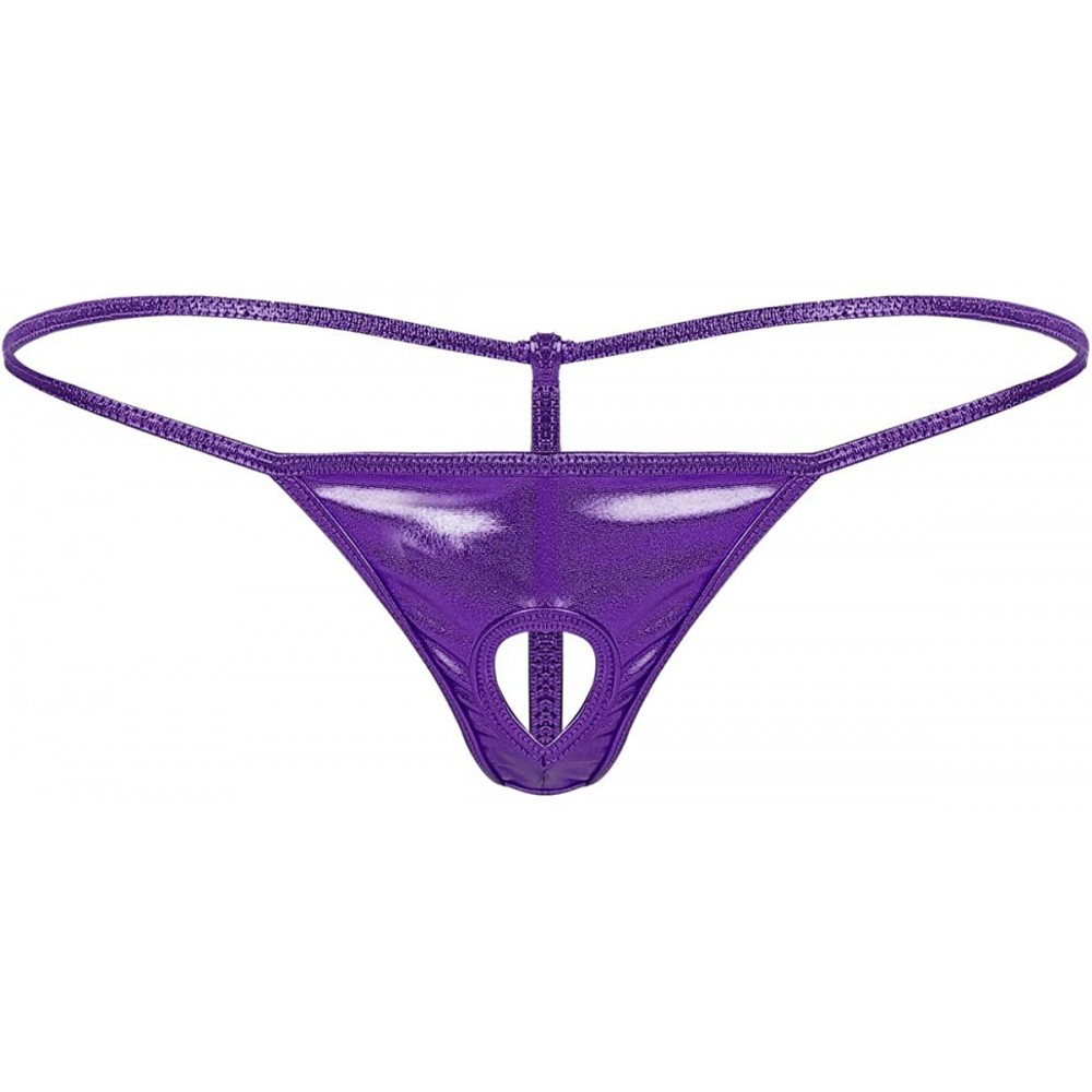 G-Strings & Thongs Men's Shiny Metallic Low Rise G-String Thong T-Back Suspensory Stretch Jock Strap Underwear - Purple - C41...