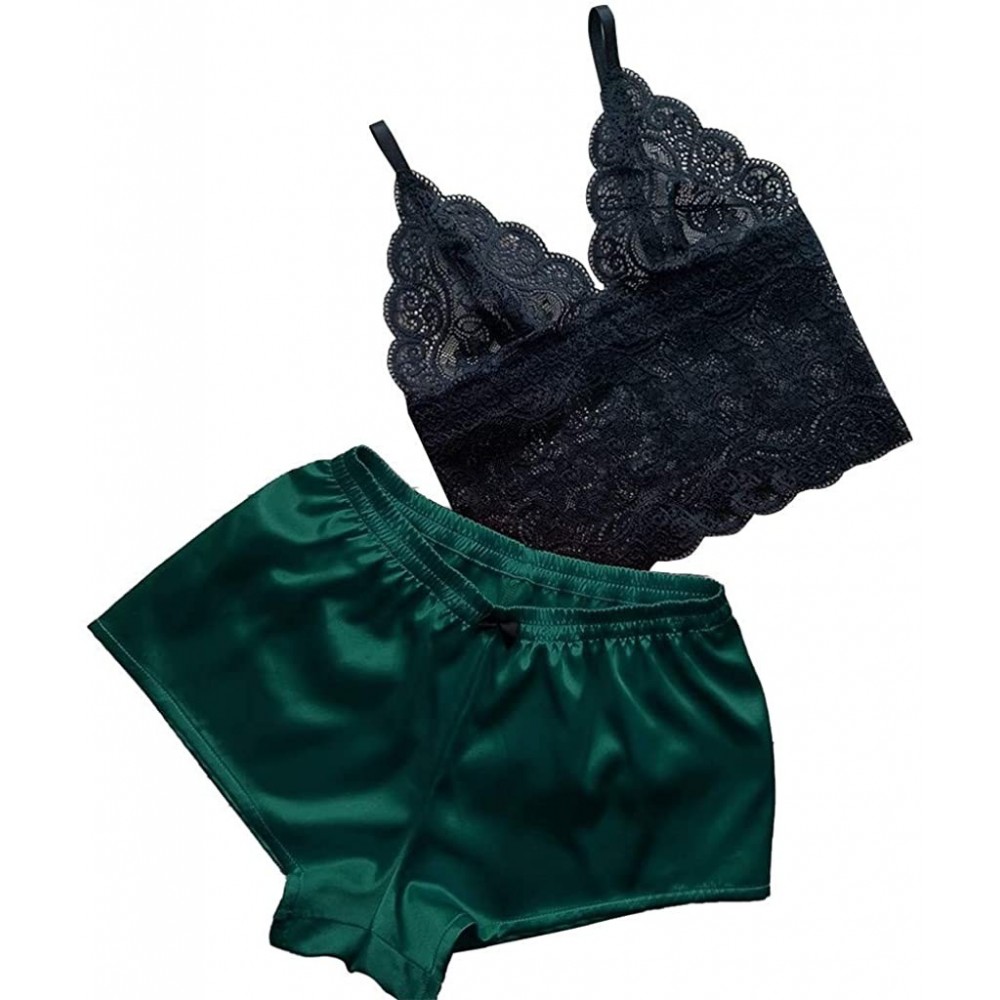 Sets Women's Pajamas 2PC Sleepwear Lingerie Lace Satin Bowknot Cami Bralette and Shorts Pajama Sets - Green - C8194UTX3R0