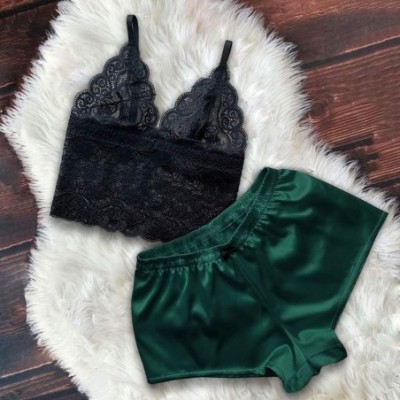 Sets Women's Pajamas 2PC Sleepwear Lingerie Lace Satin Bowknot Cami Bralette and Shorts Pajama Sets - Green - C8194UTX3R0