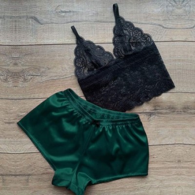 Sets Women's Pajamas 2PC Sleepwear Lingerie Lace Satin Bowknot Cami Bralette and Shorts Pajama Sets - Green - C8194UTX3R0