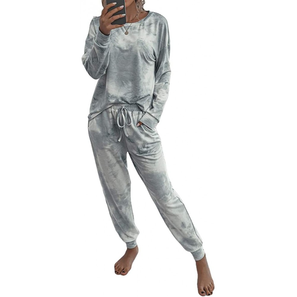 Sets Women 2 Piece Tie-Dye Long Pajamas Set Crew Neck Top Drawstring Pants Jogger with Pockets Sleepwear Sweat Suit - Grey-wh...