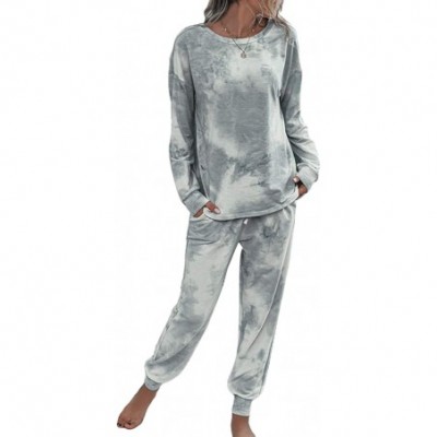 Sets Women 2 Piece Tie-Dye Long Pajamas Set Crew Neck Top Drawstring Pants Jogger with Pockets Sleepwear Sweat Suit - Grey-wh...