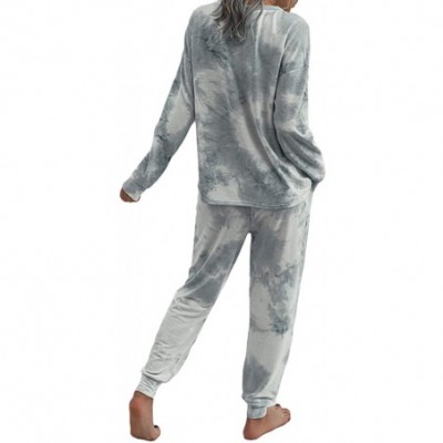 Sets Women 2 Piece Tie-Dye Long Pajamas Set Crew Neck Top Drawstring Pants Jogger with Pockets Sleepwear Sweat Suit - Grey-wh...