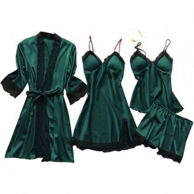 Sets Women Pajamas Set Ladies Plus Size Sexy Lace V Neck Robe Dress Babydoll Sleepwear Nightdress 4pcs Set Army Green - CY194...