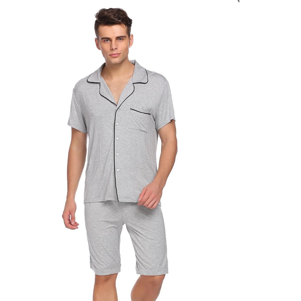 Sleep Sets Pajama Set Men Turn Down Short Sleeve Top and Elastic Waist Shorts Sleepwear S-XXL - Fight Gray - CE180L95836