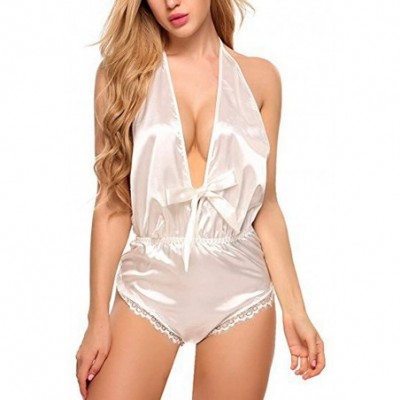 Baby Dolls & Chemises Women's Silk Pajamas Sexy Satin Underwear Jumpsuit Bodysuit Teddy Lingerie Sleepwear - White - CC192RLQ2RG