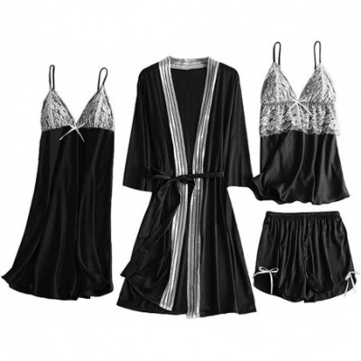 Robes Women Silky Robe Set Sexy Lace Kimono Bathrobe Camisole Shorts Nightdress Sleepwear - Black - C7193Z3N8UY