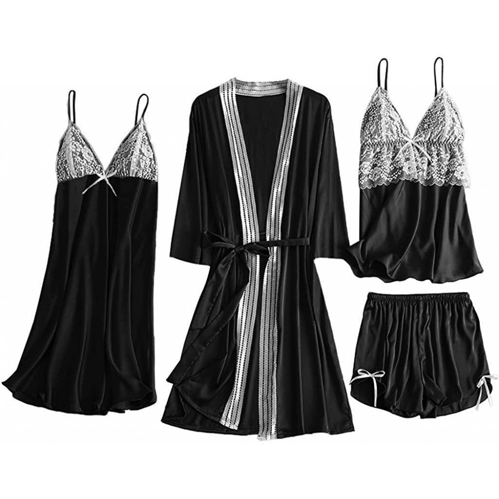 Robes Women Silky Robe Set Sexy Lace Kimono Bathrobe Camisole Shorts Nightdress Sleepwear - Black - C7193Z3N8UY