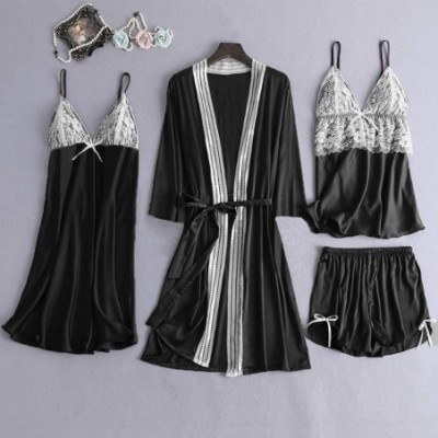 Robes Women Silky Robe Set Sexy Lace Kimono Bathrobe Camisole Shorts Nightdress Sleepwear - Black - C7193Z3N8UY