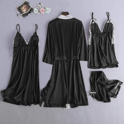 Robes Women Silky Robe Set Sexy Lace Kimono Bathrobe Camisole Shorts Nightdress Sleepwear - Black - C7193Z3N8UY