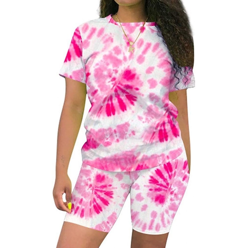 Sets Pajama Set for Women-Womens Tie Dye Pajamas Set Short Sleeve Tops and Shorts Lounge Set PJ Set Loungewear - Pink - C019D...